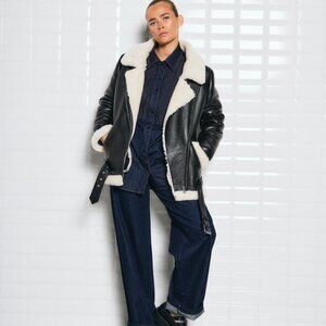 WITHBLACK Women's Faux Leather Shearling Aviator Jacket in Black - Sz L - NWT